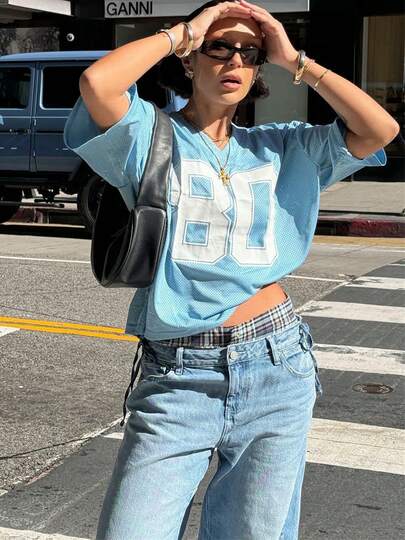 Women Jersey Shirts Y2k Oversized T-Shirts Number 80Graphic Tees V Neck Half Sleeve Streetwear Loose Tee Tops Summer Casual Eyelets Mesh Patchwork Tops Coquette Clothes Y2k Streetwear Short Sleeve Shirts