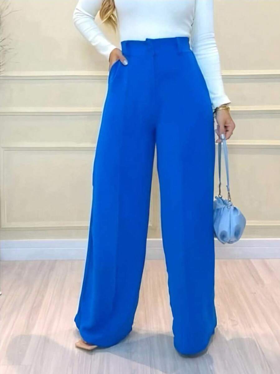 Women's Wide Leg Pants With Zipper And Button In Duna Fabric - 寶藍色 - 查看 1