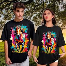 Playera negra de algodón peinado casual para mujer y hombre con estampado de Animales Caballo Corriendo - Negro - Ver 7