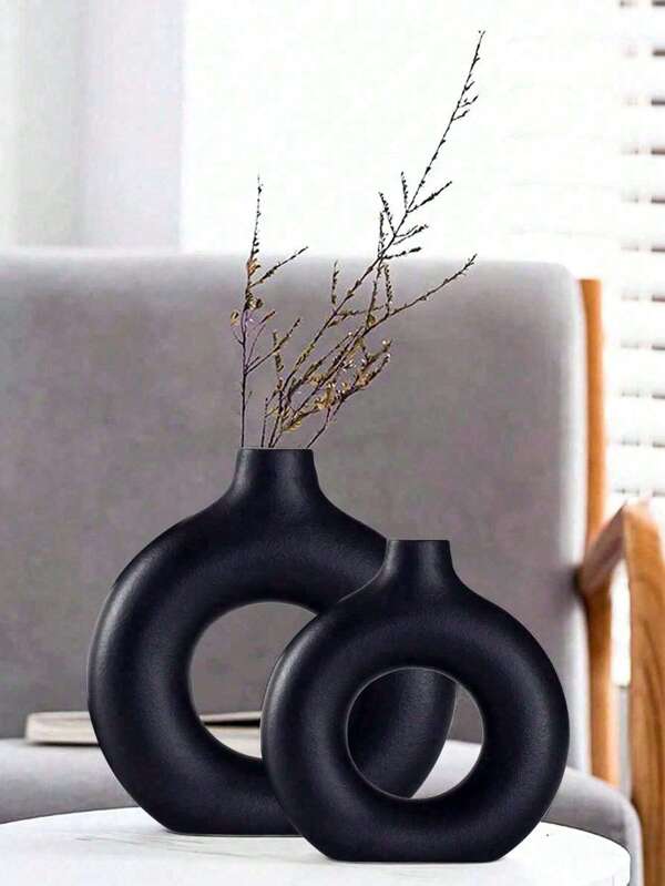 1 pièce Vase à fleurs circulaire en plastique noir, vase de décoration de fleurs séchées simulées, vase artistique pour compositions florales, décoration simple d'automne pour salon, salle d'exposition, décoration de maison, vase à fleurs, centre de table, décoration de table pour la Saint-Valentin, décoration de chambre pour la Saint-Valentin, vase en verre