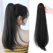 7JHH WIGS Black Ponytail Extension For Women 20'' Medium Length Straight Claw Clip In Ponytails Natural Synthetic Hair Extension Easy To Use Fluffy &Not Tangled - Black - View 9