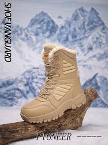 Men's Solid Color Faux Leather Spliced Thick Warm Anti-Slip Snow Boots, Outdoor Versatile Couples Big Size Snow Sports Shoes,