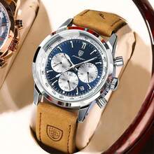 50米防水真计时码表多功能防锈棕色皮革夜光日本进口石英自动机芯 - 高品质内置长寿命电池精确计时商务男士生日礼物丈夫父亲节真正的多功能返校必备品 - 彩色 - 查看 11