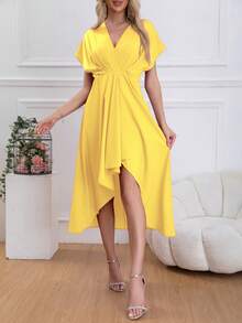 Vestido largo con escote en V para mujer, la falda es corta por delante y larga por detrás, diseño irregular, moderno, retro, elegante y atmosférico. - Amarillo - Ver 1