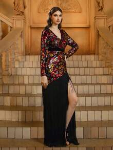 Multicolor Sequin V-Neck Fringe Sleeves Prom Dress - Black - View 4