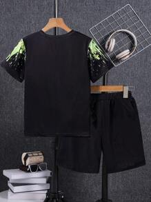 Boys Casual Silky Random Graffiti Gamepad Graphic Short Sleeve Top And Matching Side Design Shorts Set, Spring/Summer