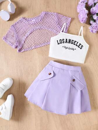 Girls 3 Pieces Stylish Set! Includes A Lavender Mesh Coverup, White Tank Top With "LOSANGELES" Print, And A Matching Pleated Skirt With Pockets. And Practical, This Outfit Creates A Streetwear-Inspired Look Perfect For Summer Outings.