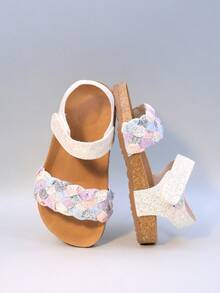 2025夏季新款女童罗马针织凉鞋，系带设计，透气，保护双脚，防滑轻便软木鞋底