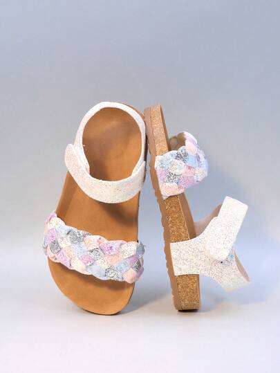 2025 Summer Fashion Girls' Roman Knitted Sandals With Strap Design, Breathable, Foot Protective, Non Slip Lightweight Cork Sole