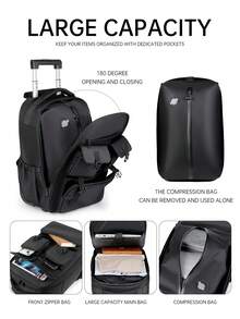 Multi-Functional Rolling Backpack, Large Capacity Wheeled Travel Backpack, School & College Bag With Swivel Wheels, Weekend Overnight Bag - Black - View 11
