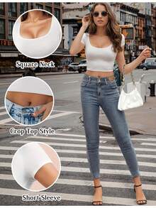 Short Sleeve Square Neck Crop Top For Women Y2K Soft Workout Shirt Going Out Tops Sexy Slim Fitted Casual Base Layer Lightweight,Local Delivery - 白色 - 查看 4