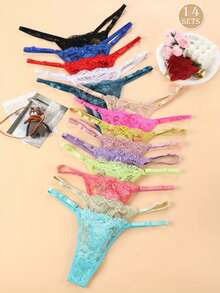 14pcs Women's Assorted Lace Thongs - Sexy Low Waist, Adjustable Straps, Floral Pattern With Bow Details, Breathable Nylon Blended Panties, Intimate Apparel | Floral Pattern Underwear | Nylon Blended Fabric - Multicolor - View 8