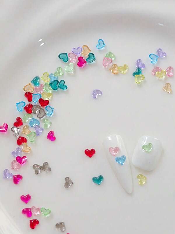 100pcs/Set Mini Transparent Heart-Shaped Nail Art Decorations, Colorful Resin 3D Small Nail Stickers Suitable For Nail Salon And Personal Use