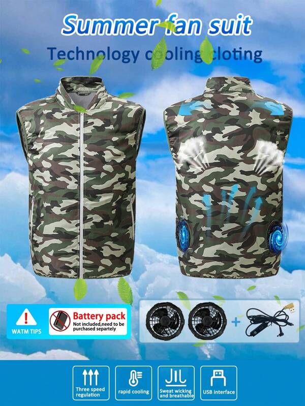 Men's Outdoor Casual Military Green Camouflage Work Vest Jacket, Air Conditioned Clothing Portable Air Conditioner USB Cooling Fan