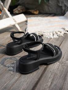 2025 Spring Summer New Fashion Women Thick Sole Wedge Heel Classic Elastic Strap Roman Sandals, Open Toe Shiny Rivet Platform Beach Slippers For Ladies - Black - View 7