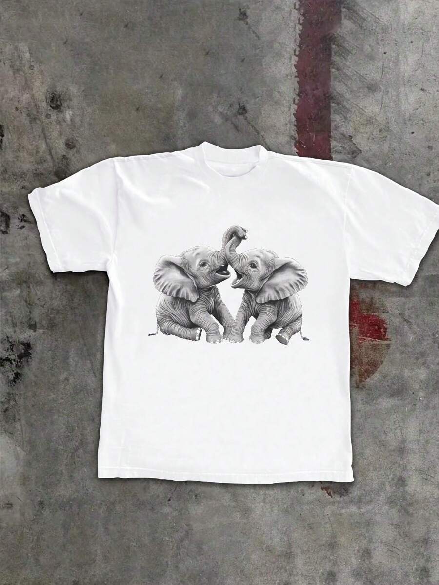 Two Baby Elephants Playfully Interacting Pure Cotton Women's T-Shirt Comfort Fit - White - View 1