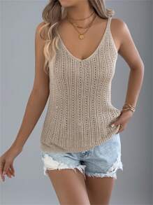 Women V-Neck Hollow Out Solid Knit Tank Top Vest Sweater, Summer Beach Holiday - Khaki - View 5
