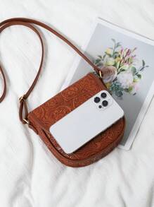 Bolso cruzado con estampado de flores en relieve para mujer, bolso de hombro vintage tipo silla de montar, bolso bandolera de mujer de piel sintética PU con diseño lindo para teléfono celular, bolso básico y versátil para uso diario, perfecto para eventos tipo rodeo
