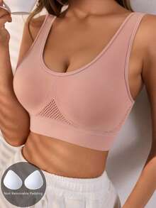 Women's Wireless Sports Bra With Removable Pads, Comfort Breathable Seamless Support Racerback Bra Top - Pink - View 2