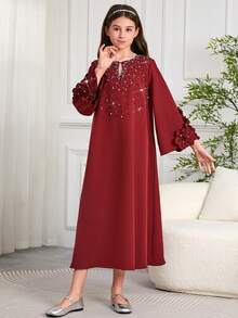 Tween Girls' Fashionable Beaded Embroidery Floral Loose Long Sleeve Robe, Gown - Burgundy - View 4