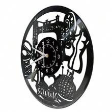 Reloj de pared de vinilo vintage con silueta de máquina de coser, punto de cruz, acolchado, obra de arte retro para decoración de sastre y habitación, reloj de pared silencioso de cuarzo, reloj digital despertador