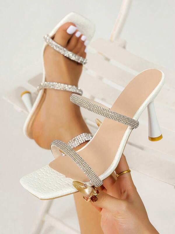 Novo estilo de sandálias de salto alto femininas, strass branco embelezado, bico aberto, sexy, festa, salto