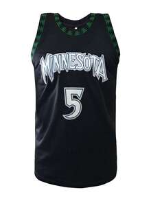 Camiseta de baloncesto azul con bordado de la letra "Minnesota" número 5 para hombres, diseño de cuello redondo sin mangas con ajuste holgado, adecuada para baloncesto, deportes, correr, fitness y otras ocasiones - Negro - Ver 3