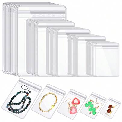 100 piezas Bolsas de almacenamiento de joyas de PVC con autosello, pequeños bolsillos con cierre, bolsas transparentes de bloqueo para guardar anillos, aretes, joyas