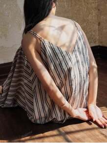 Women Striped Print Spaghetti Strap Casual Midi Dress