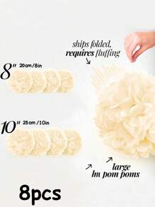 8 pièces Grandes fleurs en papier pompon fond blanc ivoire à suspendre, pour anniversaire, mariage, demande en mariage, fête entre amis, enterrement de vie de jeune fille, anniversaire, fête de fin d'études