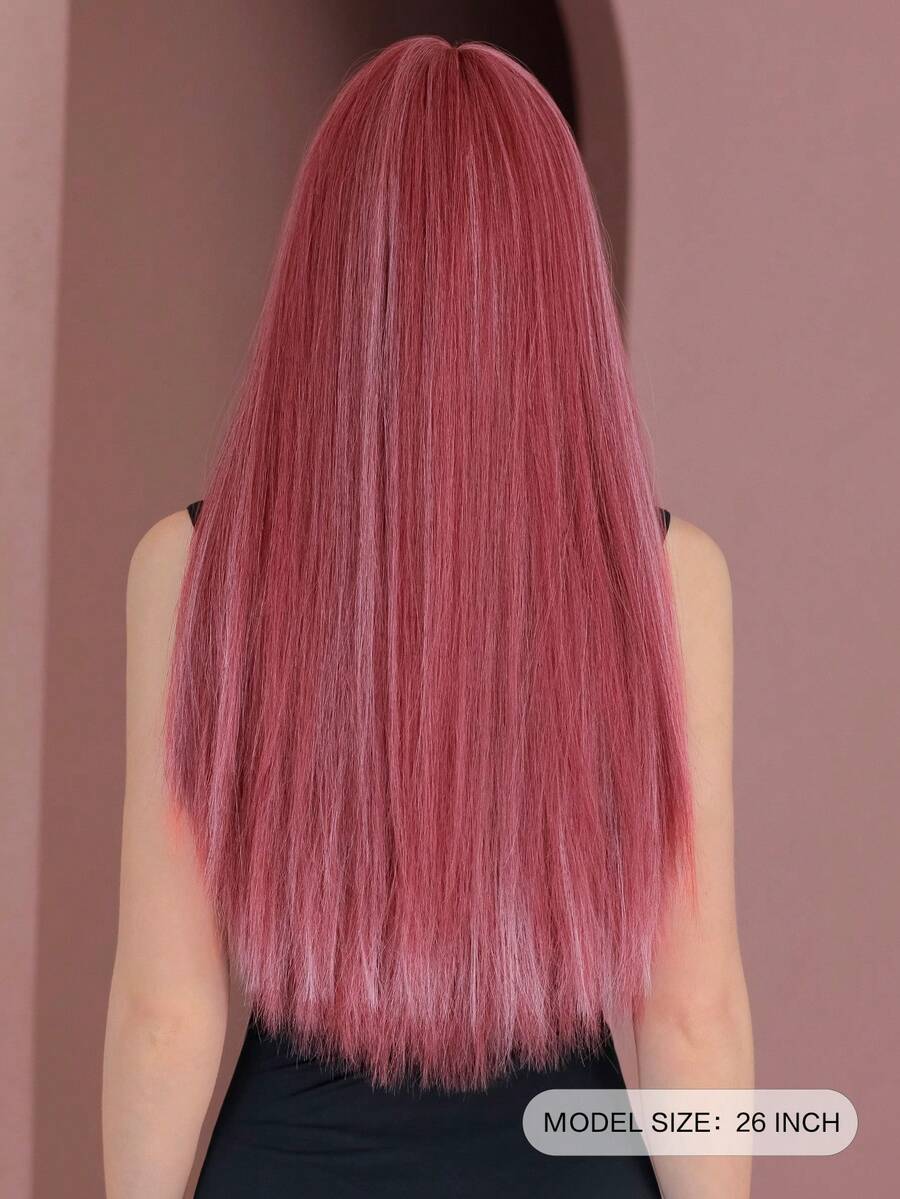 7JHH WIGS 26 Inch Long Straight Pink Wig For Women Mix White Highlight, Gorgeous Fluffy Synthetic Wig With Bangs, Natural Looking Very Soft Synthetic Heat Resistant Fiber Hair, Beautiful Full Machine Hair Wig For Girls Daily,Anime Or Costume Cosplay Decoration ,Music Festival Party Street Wear Use - 挑染粉色 - 查看 1