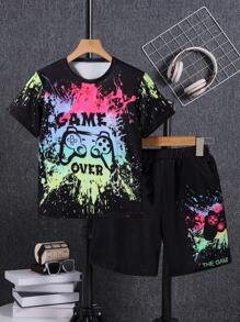 Boys Casual Silky Random Graffiti Gamepad Graphic Short Sleeve Top And Matching Side Design Shorts Set, Spring/Summer