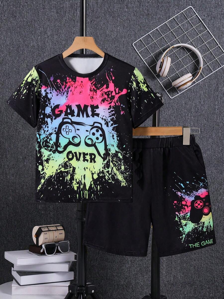 Boys Casual Silky Random Graffiti Gamepad Graphic Short Sleeve Top And Matching Side Design Shorts Set, Spring/Summer
