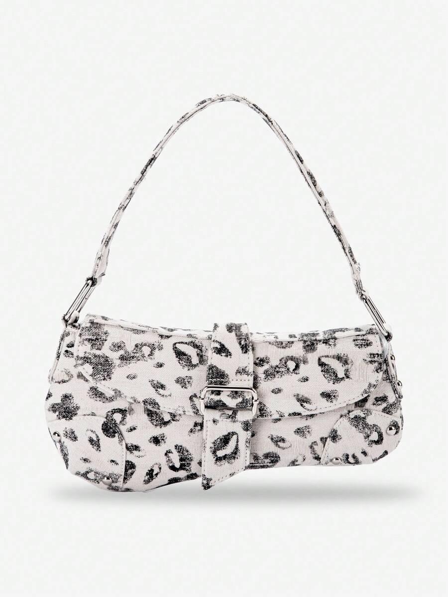 黑白动物纹腋下包，豹纹铆钉机车风单肩包，做旧不对称女士手提包/腋下包，Y2K Hobo包，新月包，街头风假日礼物，适合女孩、派对、日常、工作等场合。豹纹包，春夏新品系列