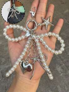 Unisex Y2k Cute Bead Bow Pendant, Fashionable Heart-Shaped Large Size Bag Pendant, Silver Heart-Shaped Rotating Hook Buckle Design, Spring Buckle, Starfish, Bow, And Heart-Shaped Elements Phone Charm Keychain Starfish Phone Charm Keychain, Elegant Accessories For Girls And Women, Bag Accessories, Party And Holiday Gifts, Female College Teacher Gifts, Novel Gifts For Family And Friends - Beige - View 2