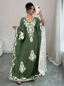 Printed Loose Waist Reversible Modest Abaya For Women - Dark Green - View 1