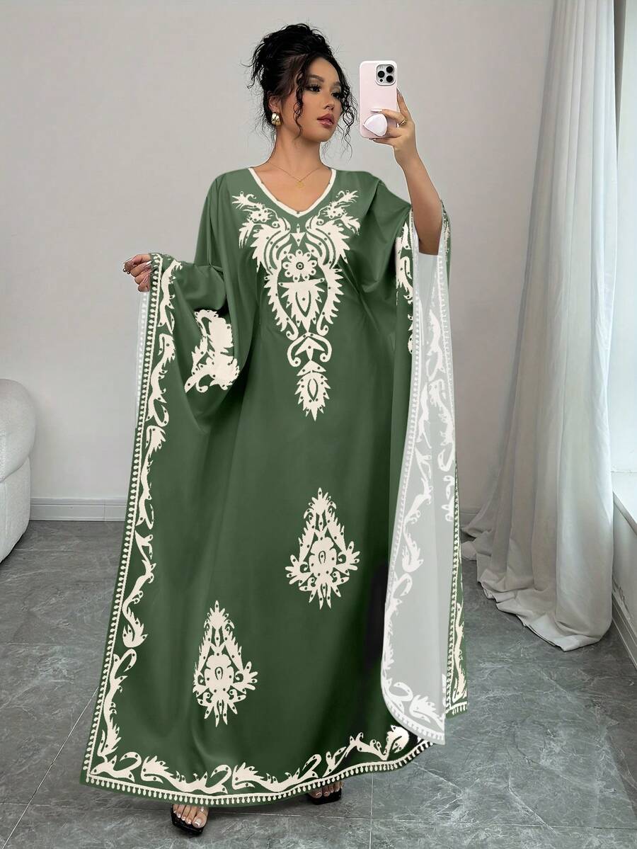 Printed Loose Waist Reversible Modest Abaya For Women - Dark Green - View 1