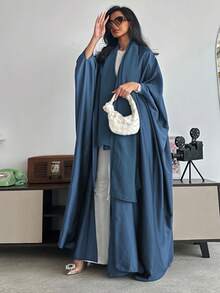 Kiểu dáng Abaya dài tay cánh dơi rộng rãi, màu trơn, kết hợp với khăn trùm đầu Hijab, Kaftan kín đáo cho dịp Eid mùa xuân. - Màu xanh hải quân - Xem 2