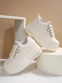 秋冬女士休闲运动鞋新款时尚白黑厚底厚底鞋 - 白色 - 查看 2
