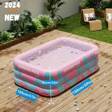 1pc Pink Striped Inflatable Pool, Suitable For Leisure, Entertainment, Party Water Activities