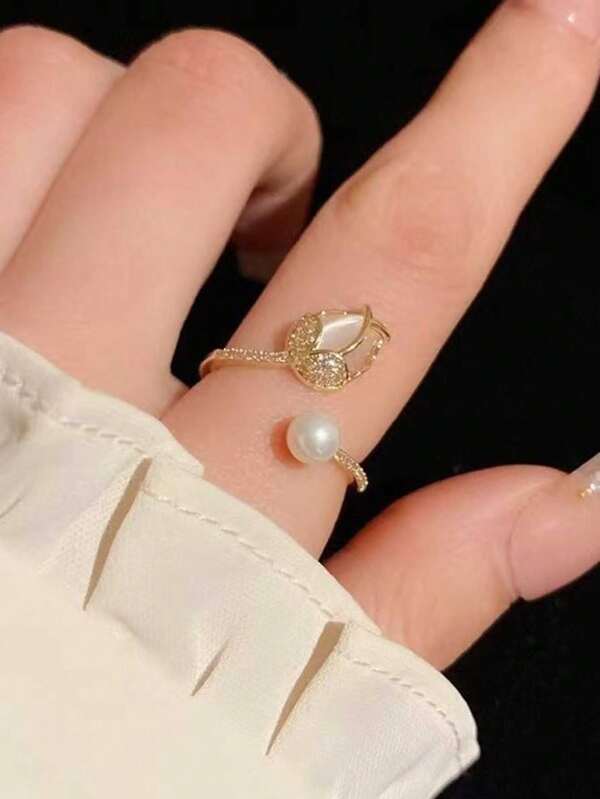1pc Tulip Faux Pearl Luxury Delicate Micro-Pave Fashionable Niche French Elegant Dainty Adjustable Ring