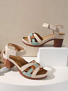 Women's Fashion High Heel Sandals, Color Block Patchwork Upper, Stylish & Elegant Holiday Vibes, Massage Insole, Adjustable Strap, Non-Slip Chunky Heel High Heel Sandals