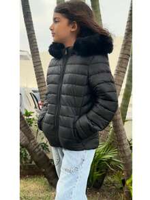 Women's Children's Jacket Lined With Plush Feminine Puffer Blouse - 黑色 - 查看 2
