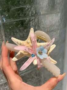 1pc Ocean Theme Hair Clip With Faux Flower, Starfish And Shell Decor Hair Accessory, Double-Sided Flower Hair Claw Clip, Suitable For Daily Life, Vacation, Party Hair Jaw Clip