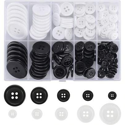 160 Pcs Black And White Buttons, Round Resin 4 Holes Buttons, Sewing Crafts Buttons For Sewing Knitting Crochet Crafts DIY Outfit Decoration Buttons - 10/12/15/20/25mm (160pcs Black And White)