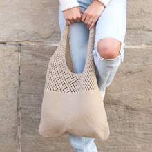 Women's Fashionable Minimalist Hollow Knit Tote Bag, Minimalist Solid Color Soft Knitted Shoulder Bag, Large-Capacity Crochet Hobo Bag, Beach Bag Crochet Woven Handbag, All-Match Daily Use Shopping Bag For Women, Knitted Bags, Woven Bags, Shoulder Bags, Tote Bags, Bohemian Bags Crossbody Bags For School, College, Outdoor, Travel, Outing, Vacation, Shopping Knitted Bag, Perfect For Music Festivals, Perfect For Beach Vacation, And Vacation Essentials