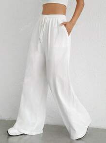 Set de 2 pantalones palazzo casuales, pantalones anchos de cintura con cordón, sólidos y estilizadores