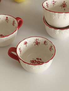 1 pieza/2 piezas/4 piezas Taza de té de la tarde de cerámica con relieve floral rojo estilo coreano Ins, taza de café de cerámica floral vintage, apta para desayuno, leche, postre, agua, oficina, sala de estar, uso diario