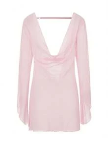 Women Y2k Pink Sheer Mesh Mini Dress Sexy Babydoll Lingerie Nightgown See Through Cowl Neck Backless Dress Long Sleeve Loungewear Sleepwear Exotic Nightwear - Pink - View 4