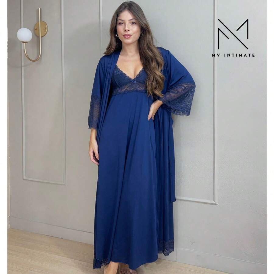 LONG Robe And Nightgown Kit Without Light Microfiber Pads For Women's Nursing - 藏蓝色 - 查看 1